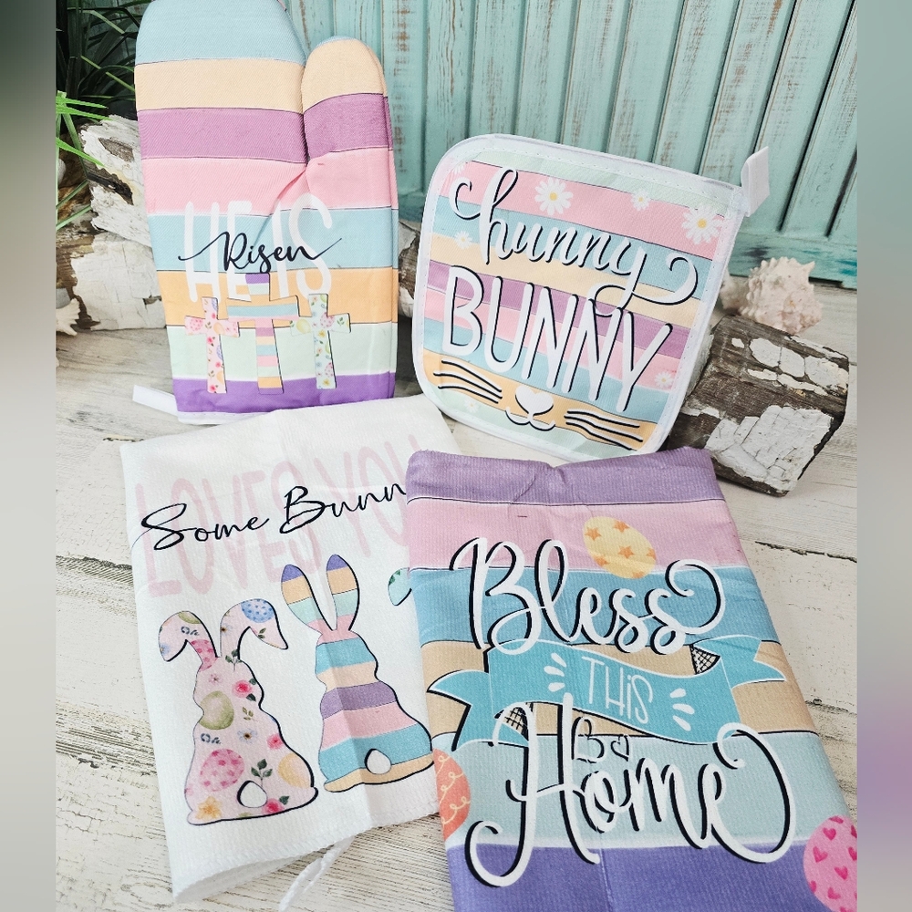 NEW Easter Bunny Pastel Kitchen Set - Oven Mitt, Potholder & 2 Towels